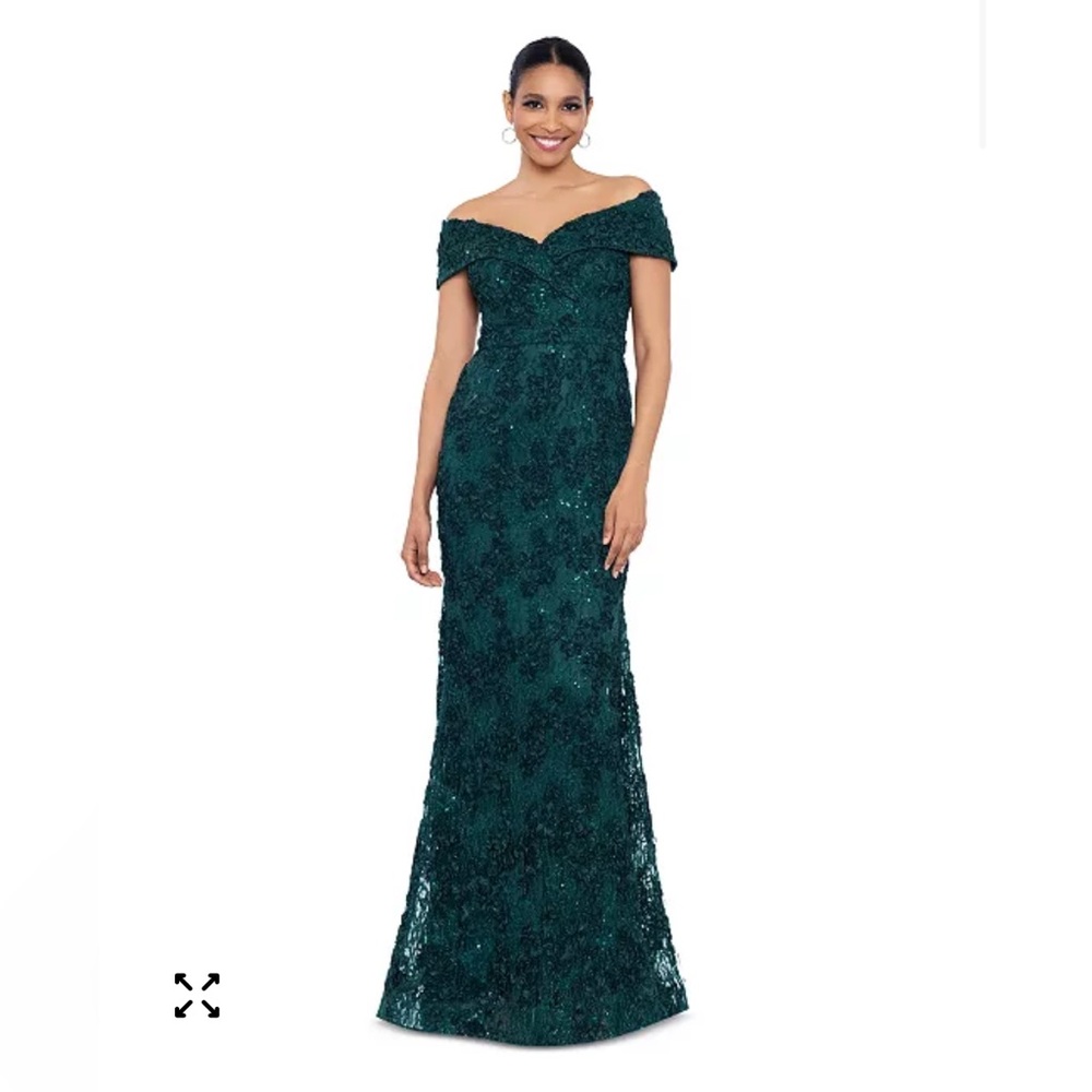 Xscape Off-Shoulder Emerald Lace Evening Gown